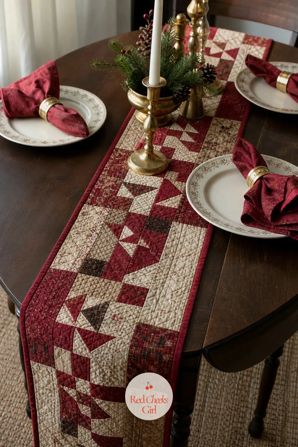 A Drop-Leaf Table Dressed in Quilted Patchwork and Brass Rings — An apartment dining table rarely seats more than four, which makes a narrow runner the right