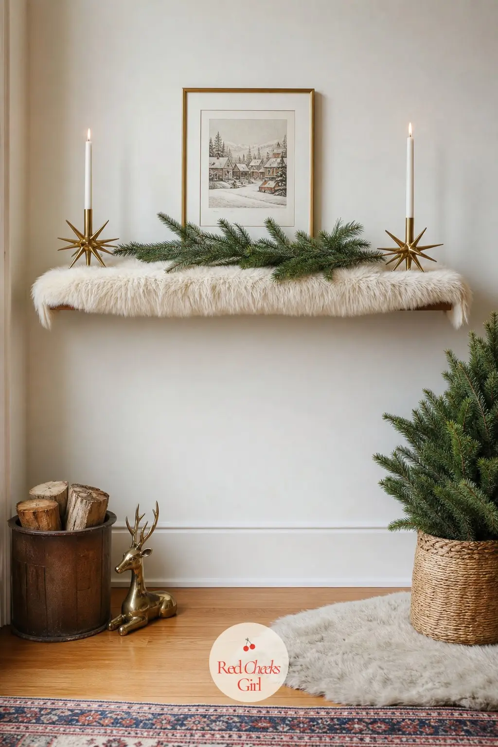 A Floating Shelf Dressed as a Mantel With Faux Fur and Brass — No fireplace does not mean no mantel moment. Apartment christmas decor