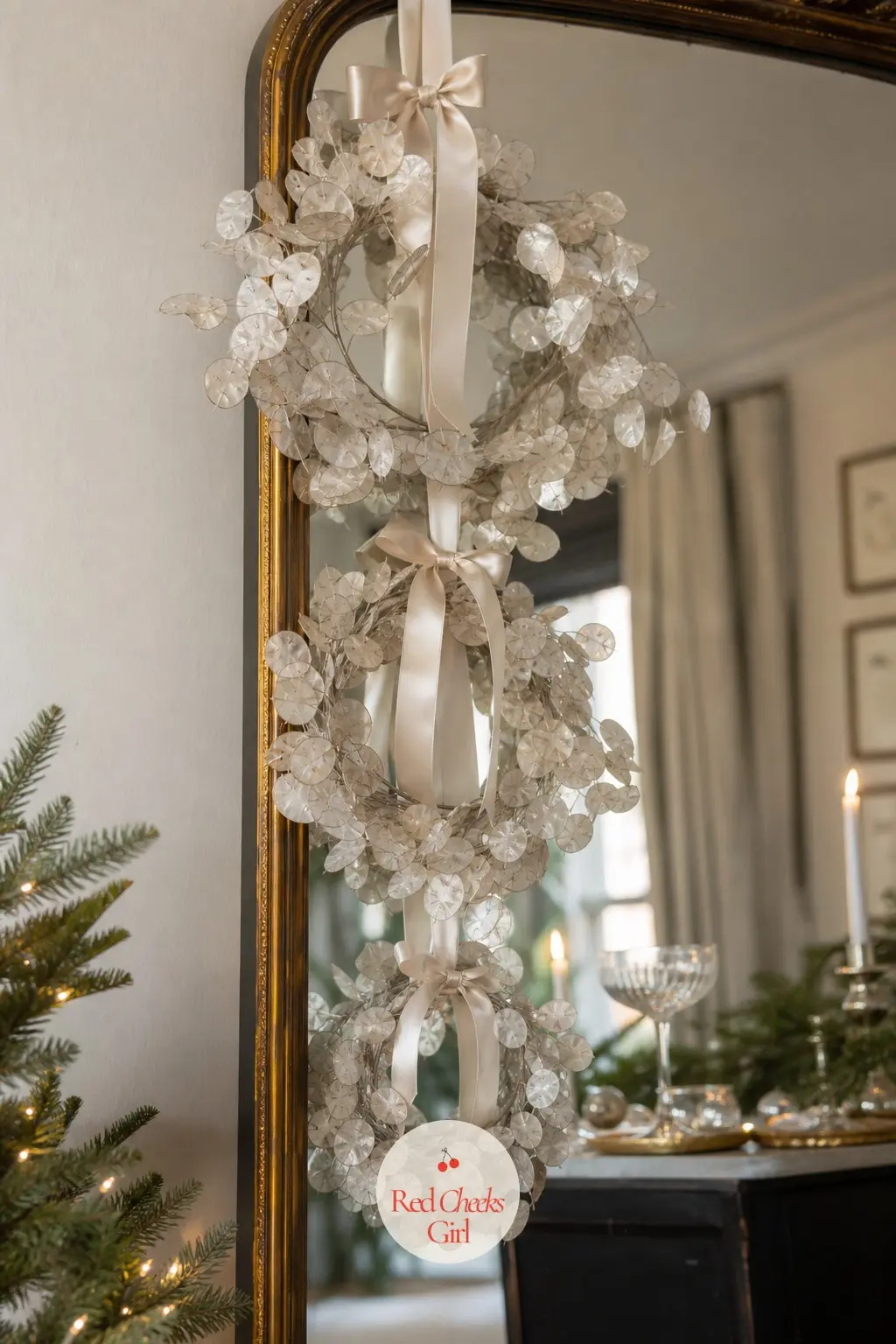 A Floor Mirror Framed With Three Graduated Lunaria Wreaths — Dried lunaria, the silver dollar plant, has a papery pale shimmer that photographs better than