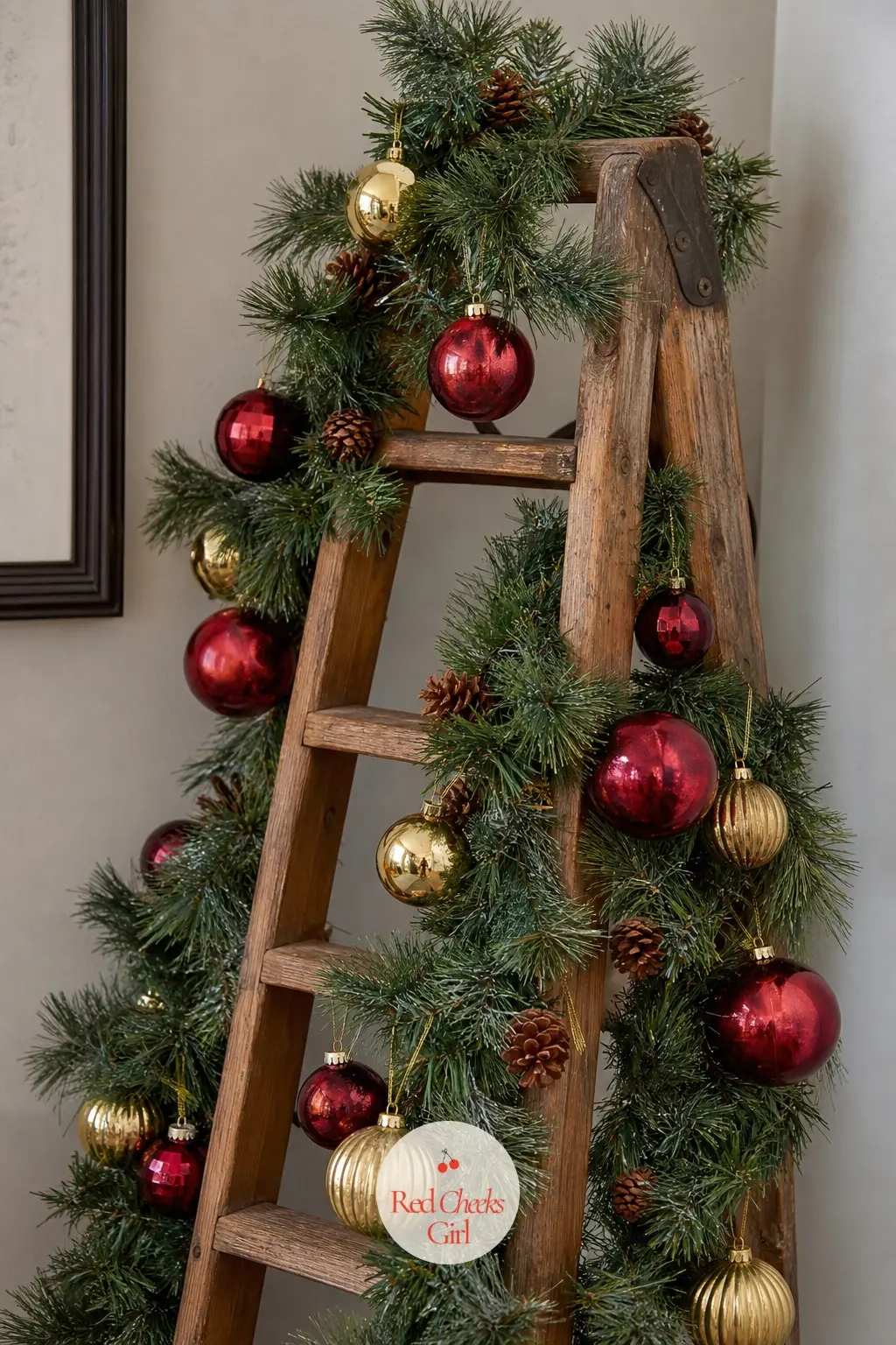 A Folding Wooden Ladder Wrapped in Garland and Glass Ornaments — A small decorative ladder leaned into a corner reads as a tree from across the room, with none