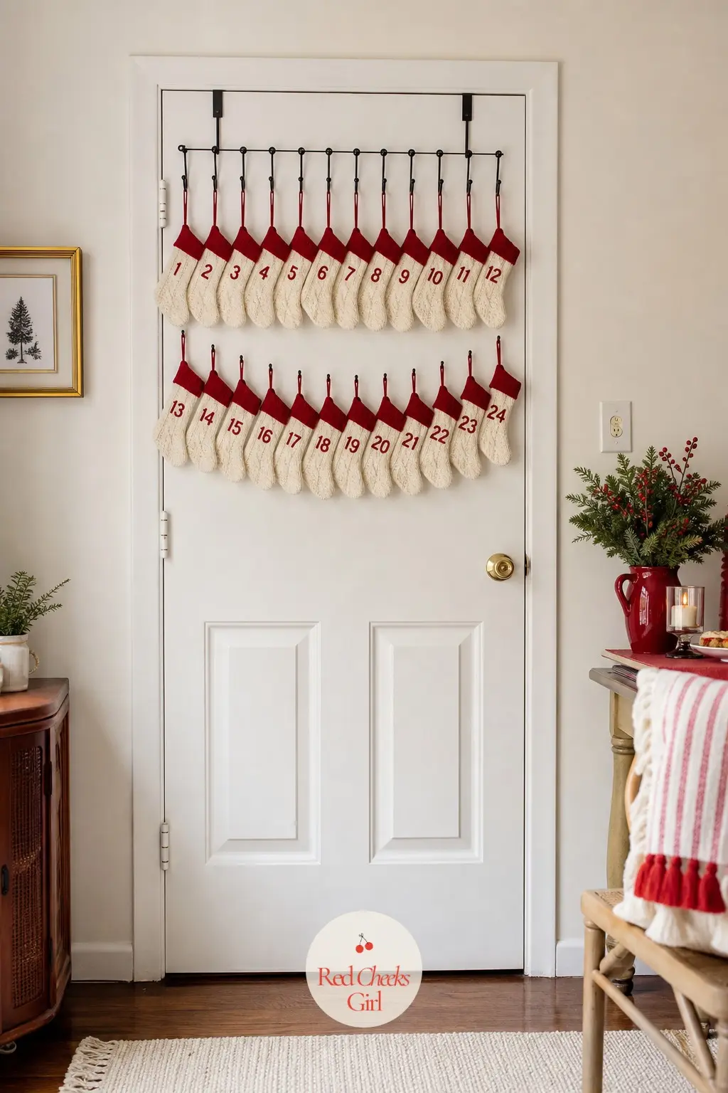 An Over-the-Door Rack Hung With Rotating Knit Advent Stockings — An over-the-door hook rack needs no drilling and holds real weight, which makes it the right