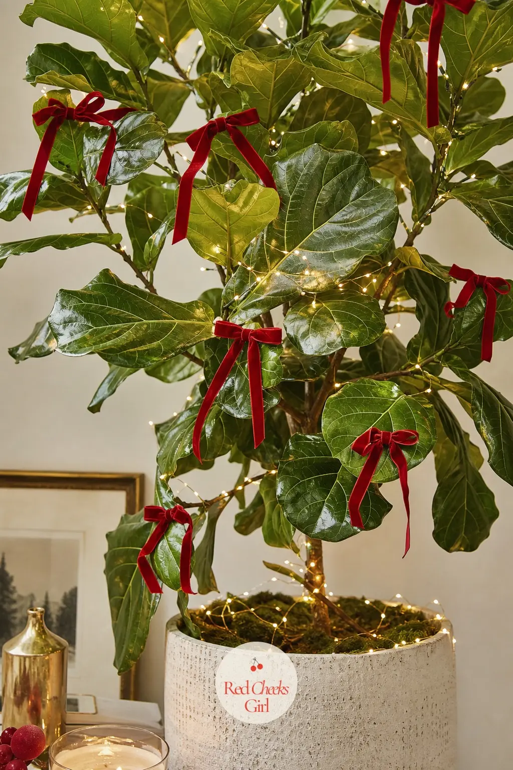 A Potted Fiddle Leaf Fig Strung With Micro Lights — The houseplant already living in the corner can stand in for a tree with almost no effort. Apartment