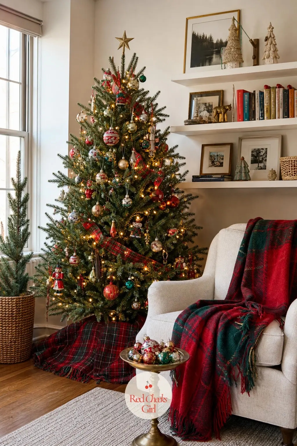 A Reading Corner With a Tartan Throw and Brass Tree Stand — A bedroom armchair rarely gets Christmas treatment, but a throw and a small ornament stand change