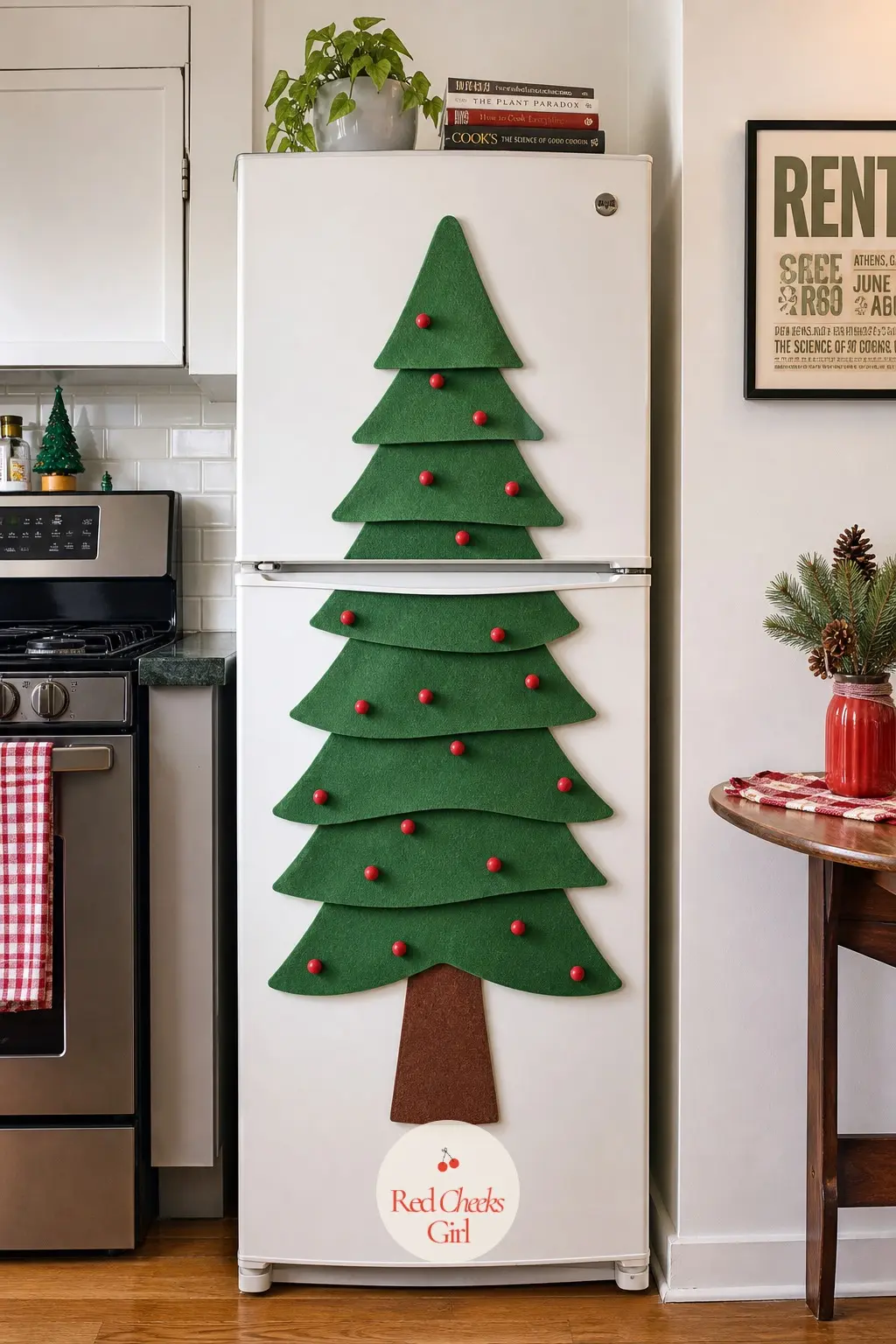 The Refrigerator Door Turned Into a Magnetic Felt Tree — A fridge door is the single largest blank surface in most apartment kitchens. Apartment christmas decor