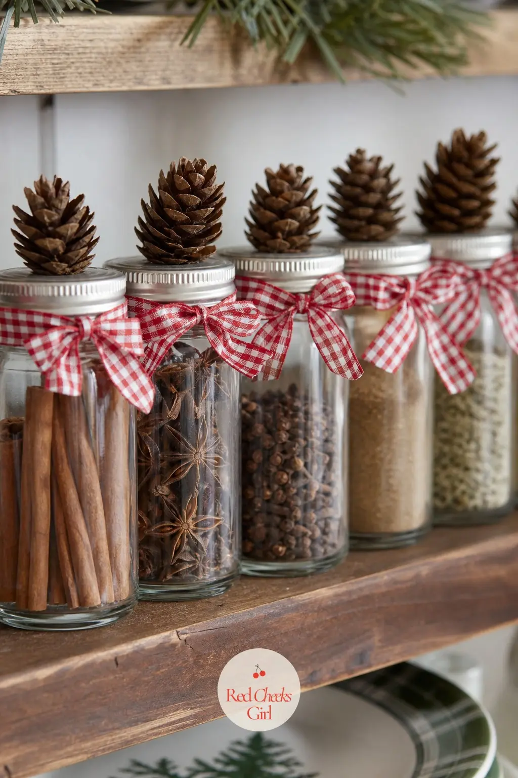 A Row of Spice Jars Topped With Pinecones — Open kitchen shelves get overlooked every year, yet they are already on display. Apartment christmas decor