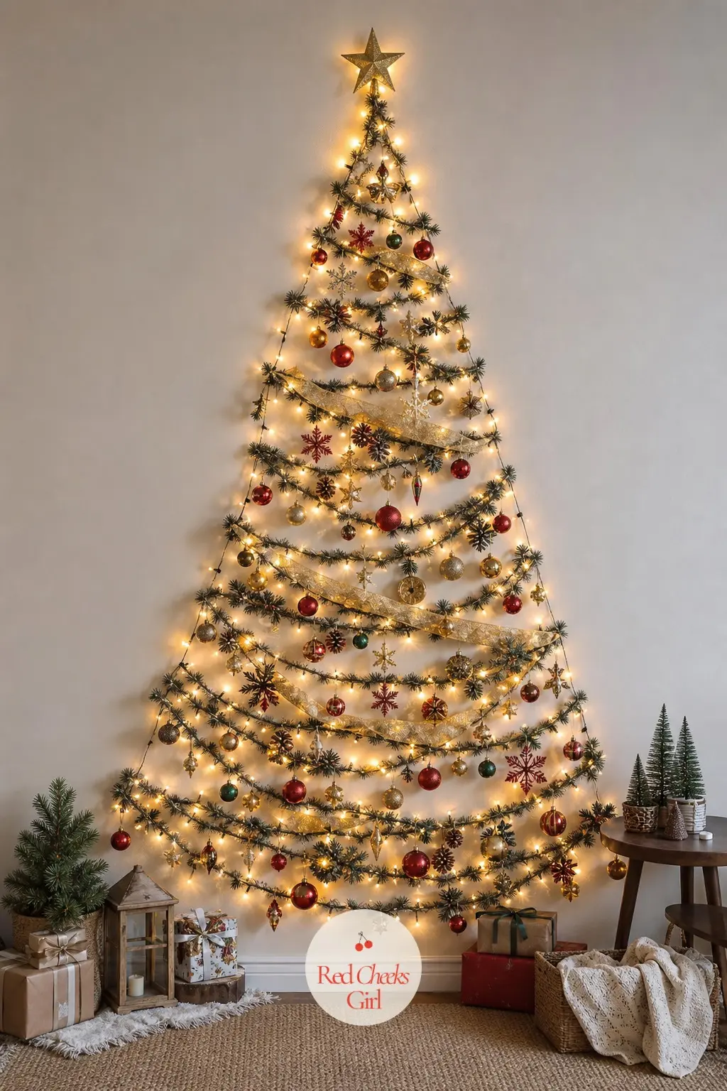 A Tree Silhouette Pinned Into Fairy Lights Along the Wall — String lights pinned into a tree shape with removable hooks gives a living room its focal point