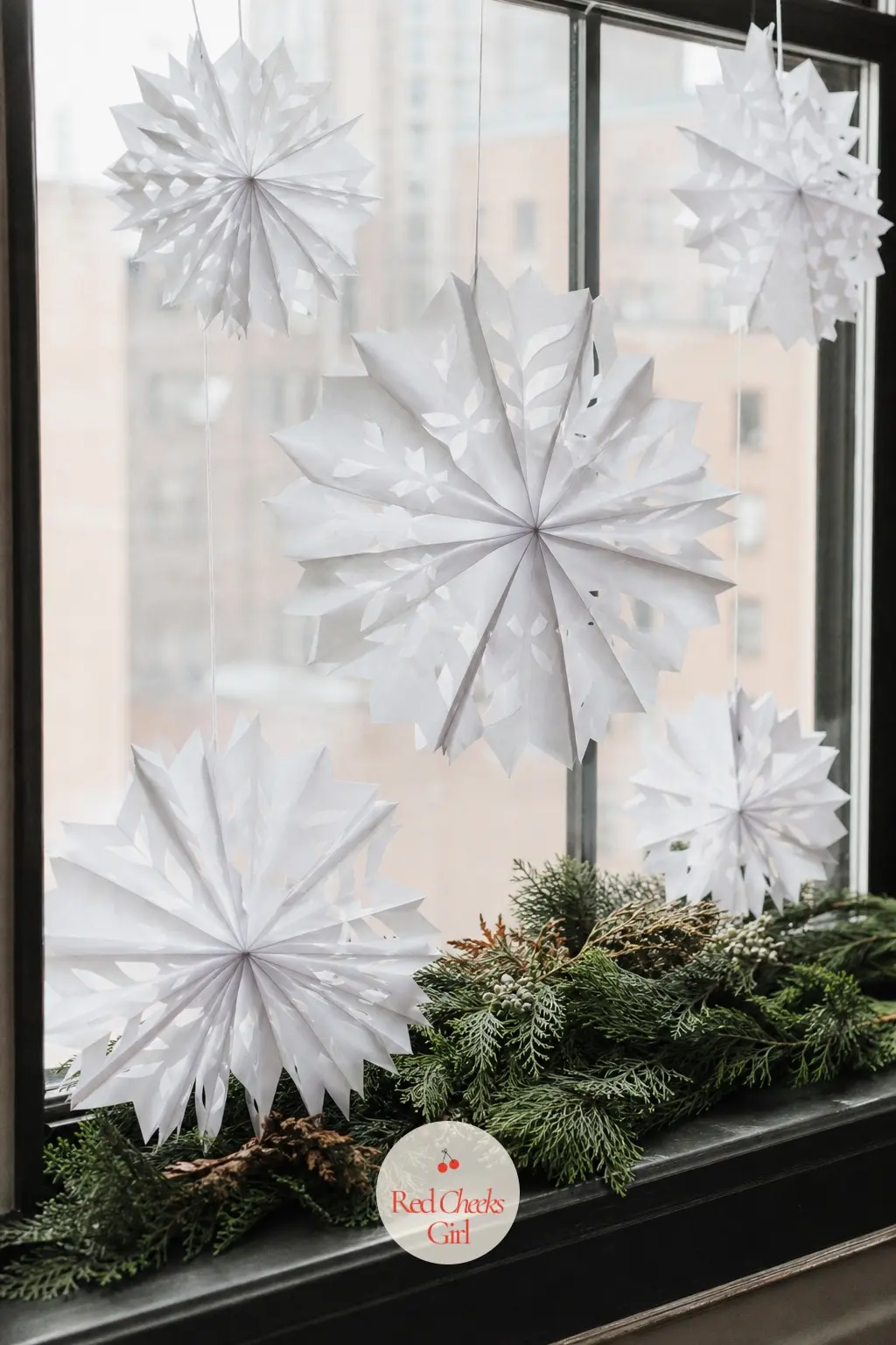 A Window Ledge Lined With Paper Concertina Snowflakes — Paper snowflakes hung at staggered heights catch daylight from both sides, which is more than most