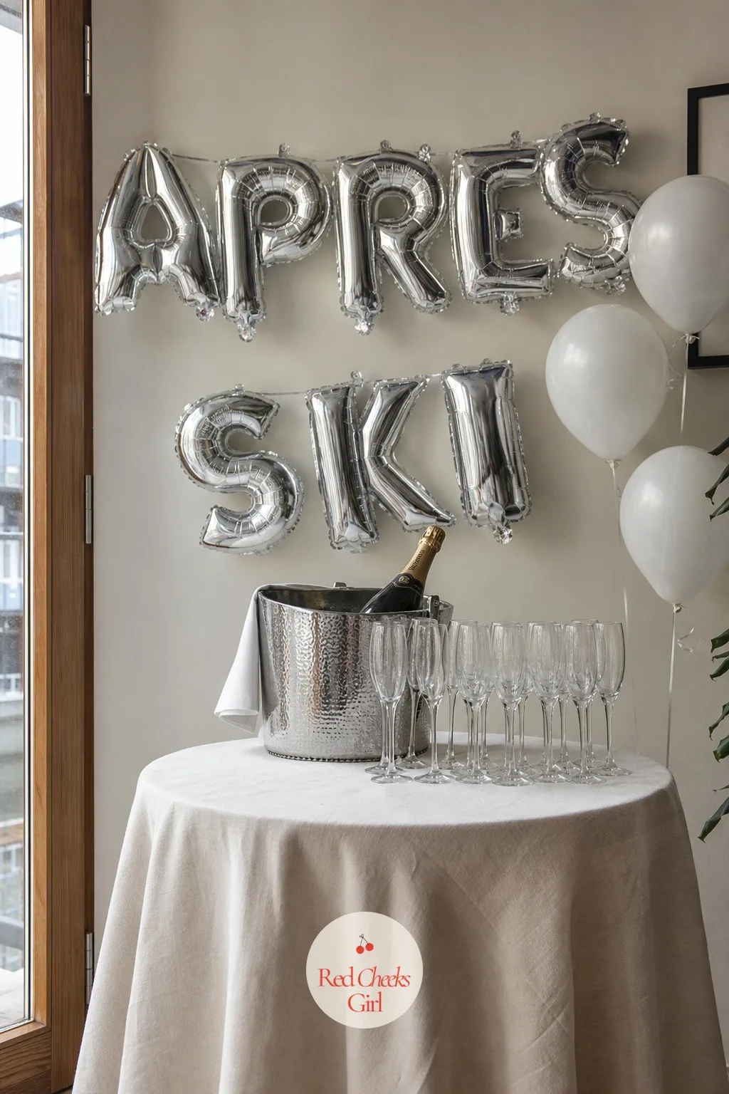 The Champagne Table Under Silver Letters — Champagne deserves its own small table rather than a corner of the kitchen counter, especially on New Year's Eve.