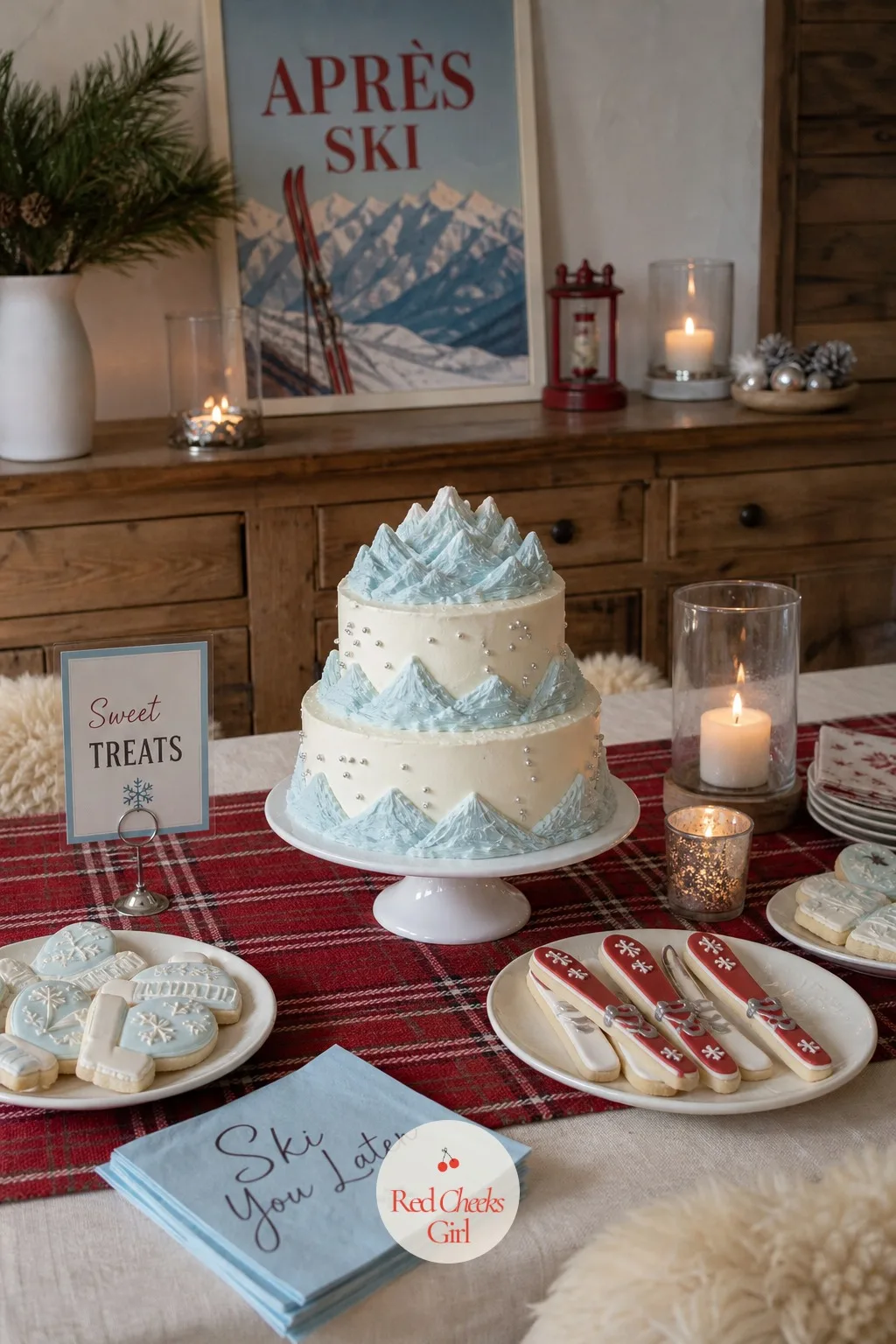 A Dessert Table With a Mountain Peaked Cake — The dessert table is where the theme gets to be a little playful, since nobody minds a cake with a sense of