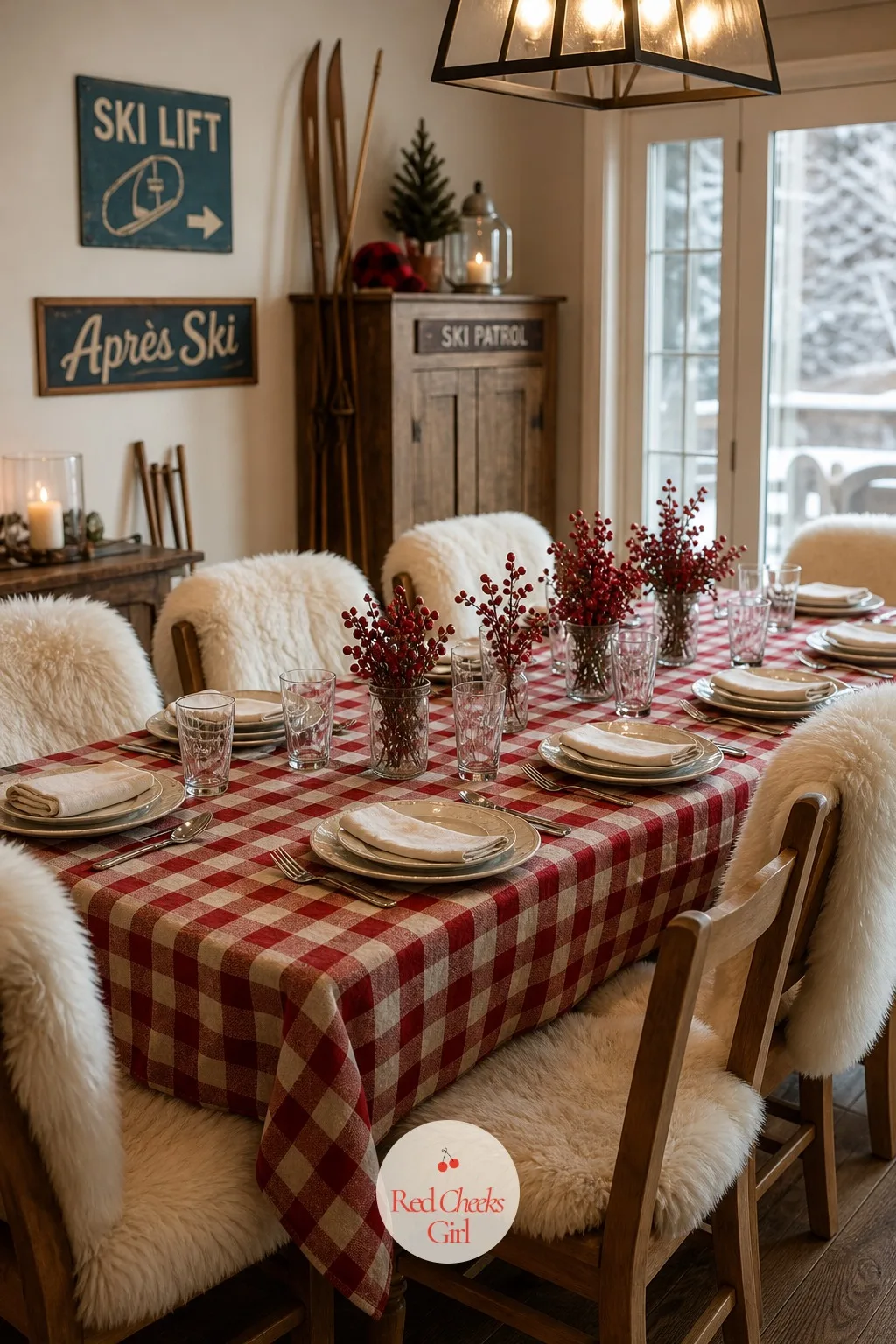 The Dinner Table in Red Check and Sheepskin — This is the table everyone circles back to, so it has to carry the whole palette at once. Apres ski party