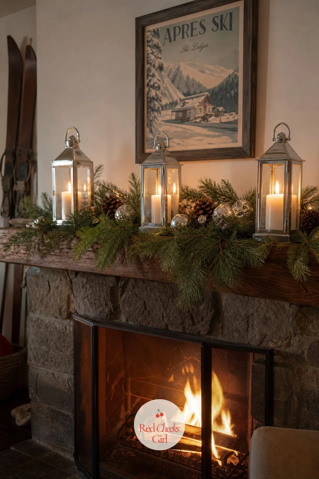 A Fireplace Mantel Dressed With Pine and Silver Lanterns — A bare mantel reads as unfinished the second guests walk in, and the fix is quick. Apres ski party