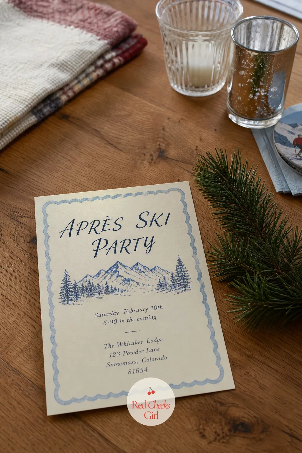 The Invitation — Every detail above starts here, on the one piece that goes out before the party exists anywhere but in a group chat. Apres ski party