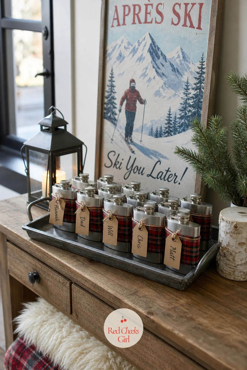 Mini Flask Favors Wrapped in Plaid Ribbon — The favor that actually gets used again is the one worth giving. Apres ski party