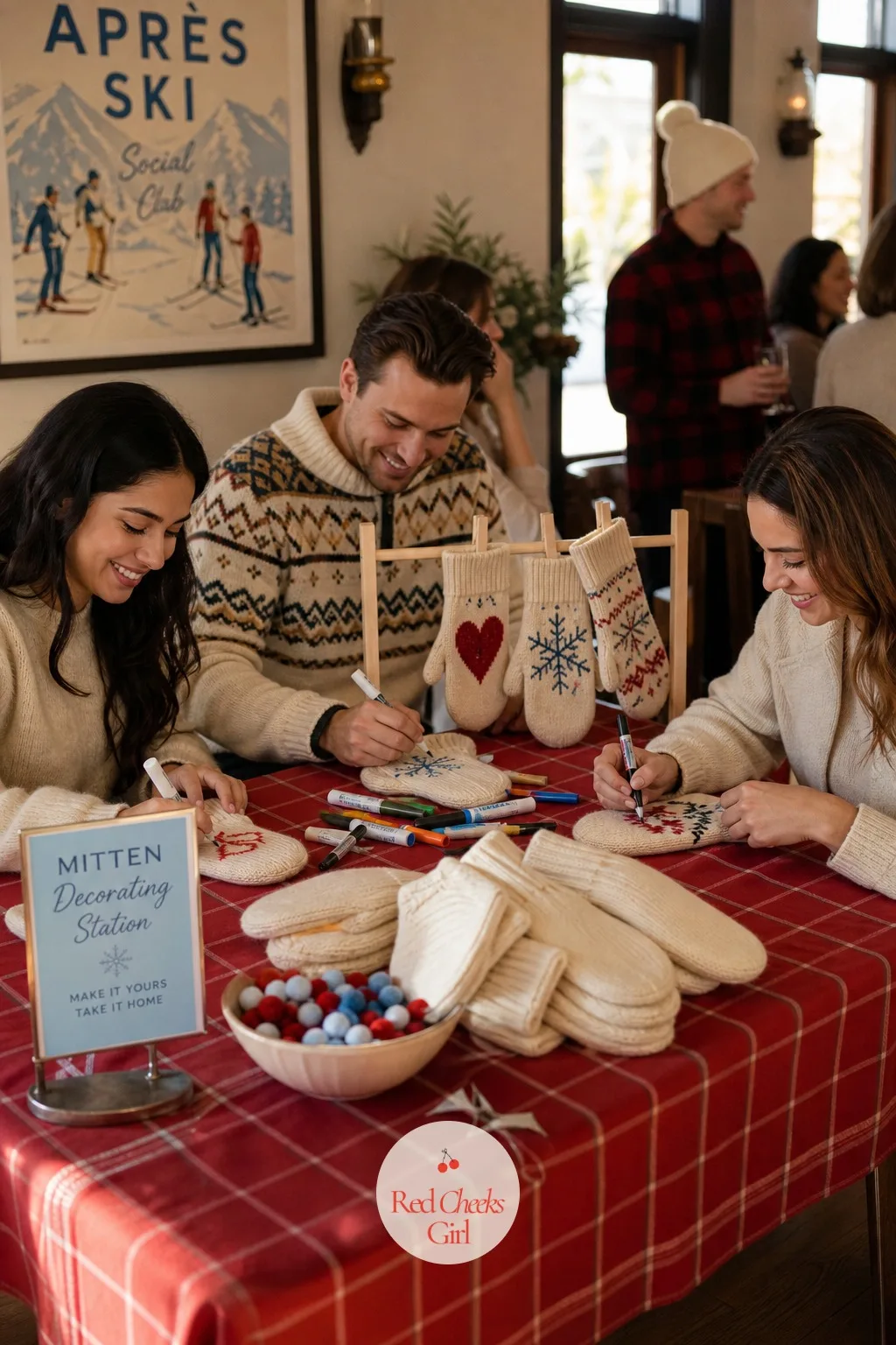 A Mitten Decorating Table — Give guests ten quiet minutes with their hands busy and the room settles into something warmer. Apres ski party