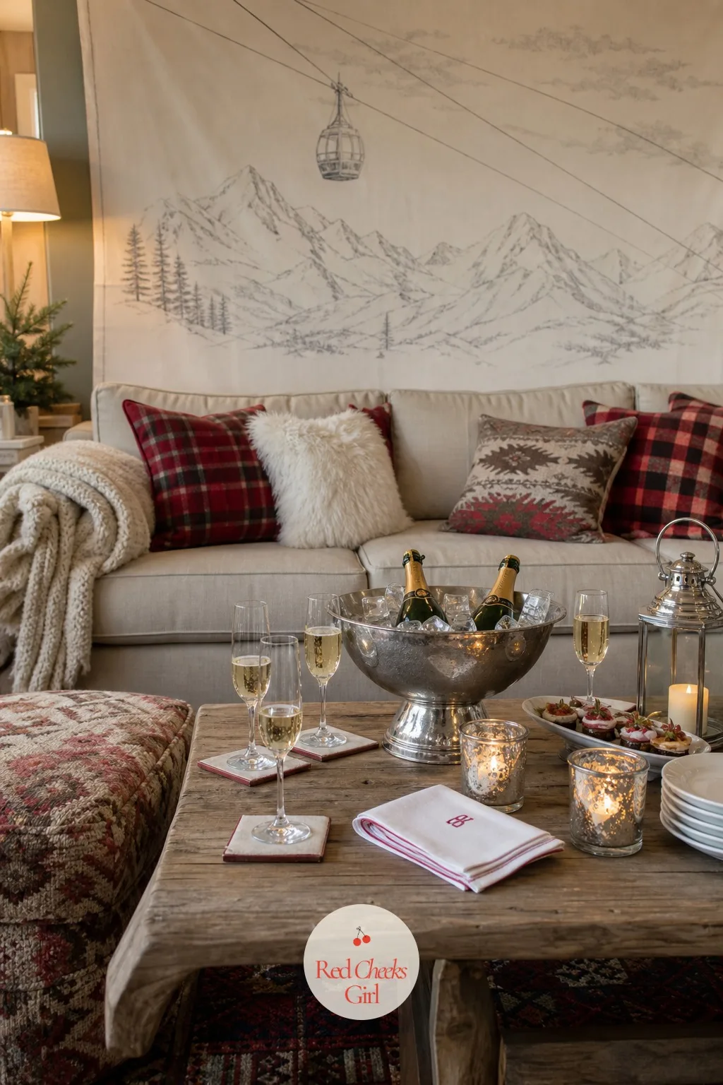 A Mountain Line Backdrop Behind the Main Seating — The sofa wall usually gets ignored, and in this theme it is the one surface everyone faces all night. Apres