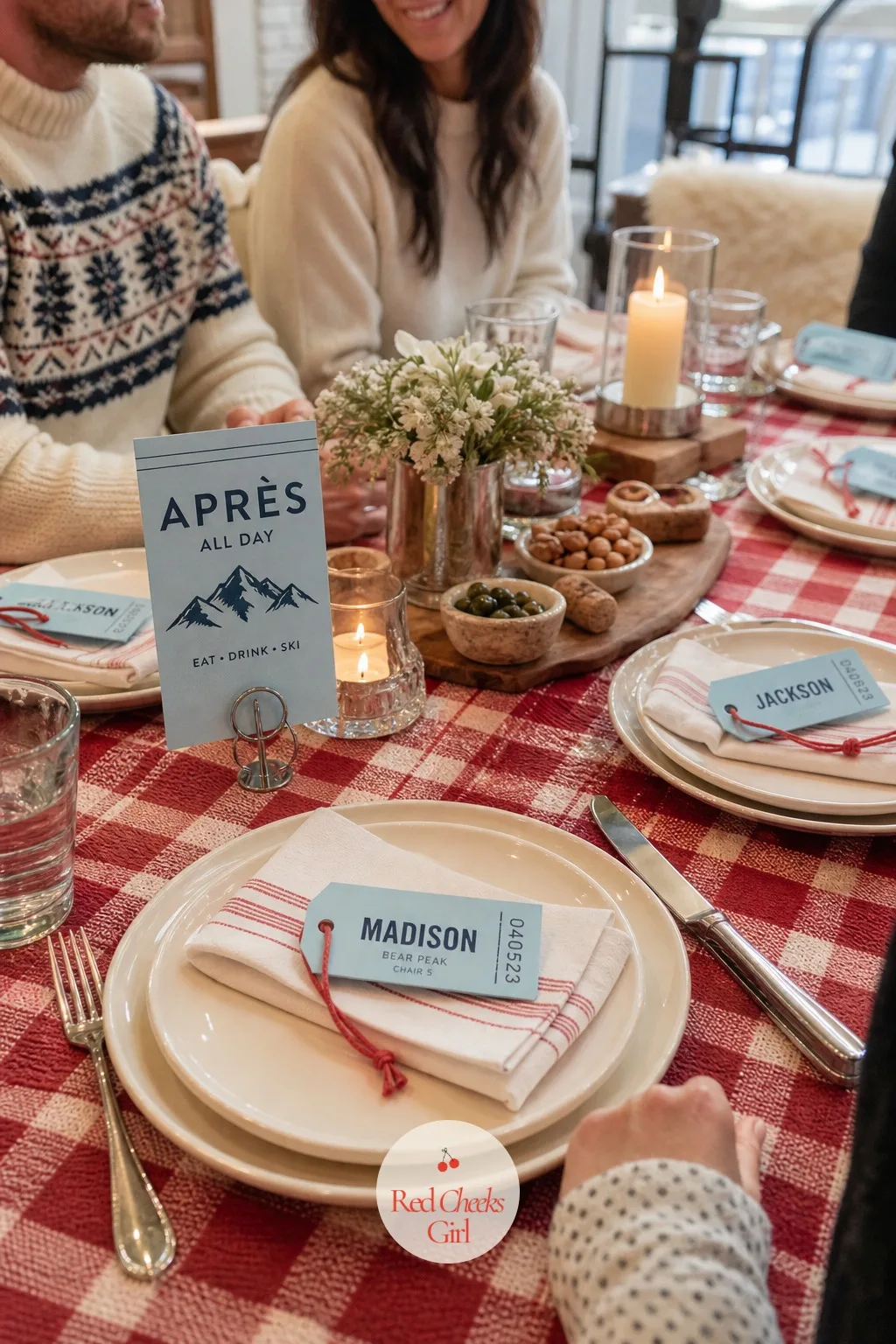 Place Cards Cut Like Vintage Lift Tickets — A folded card at each setting feels formal in a way this party is not, so the fix is to make the place card double