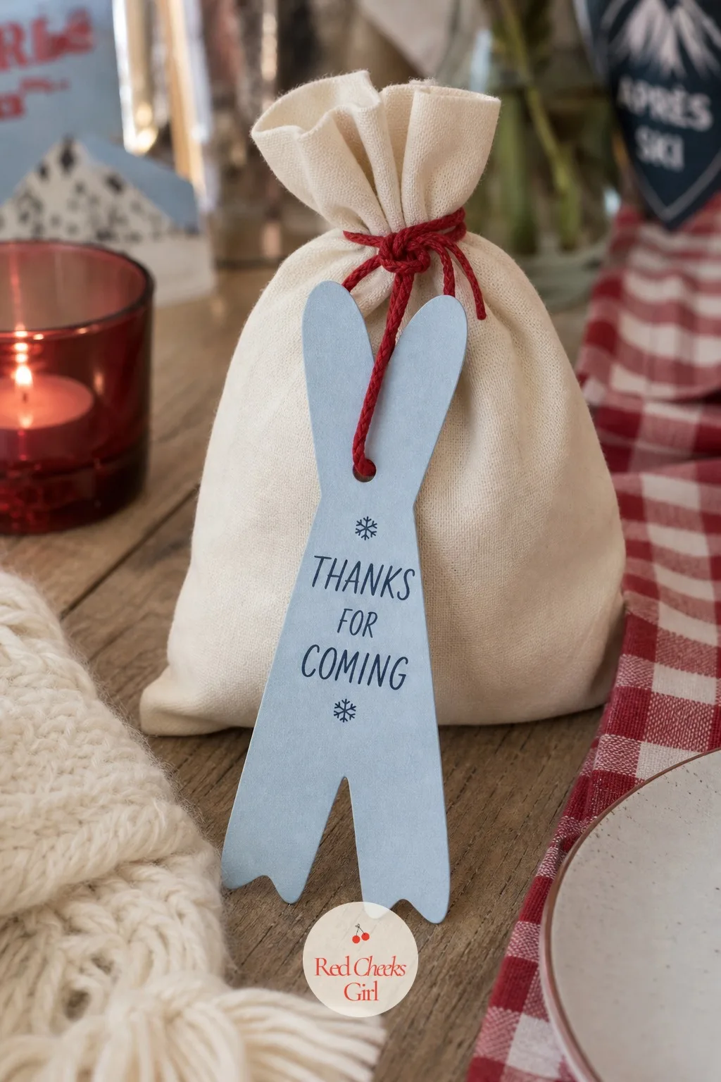 Printable Ski Shaped Thank You Tags — The last thing a guest sees on the way out should match the sign they saw on the way in. Apres ski party