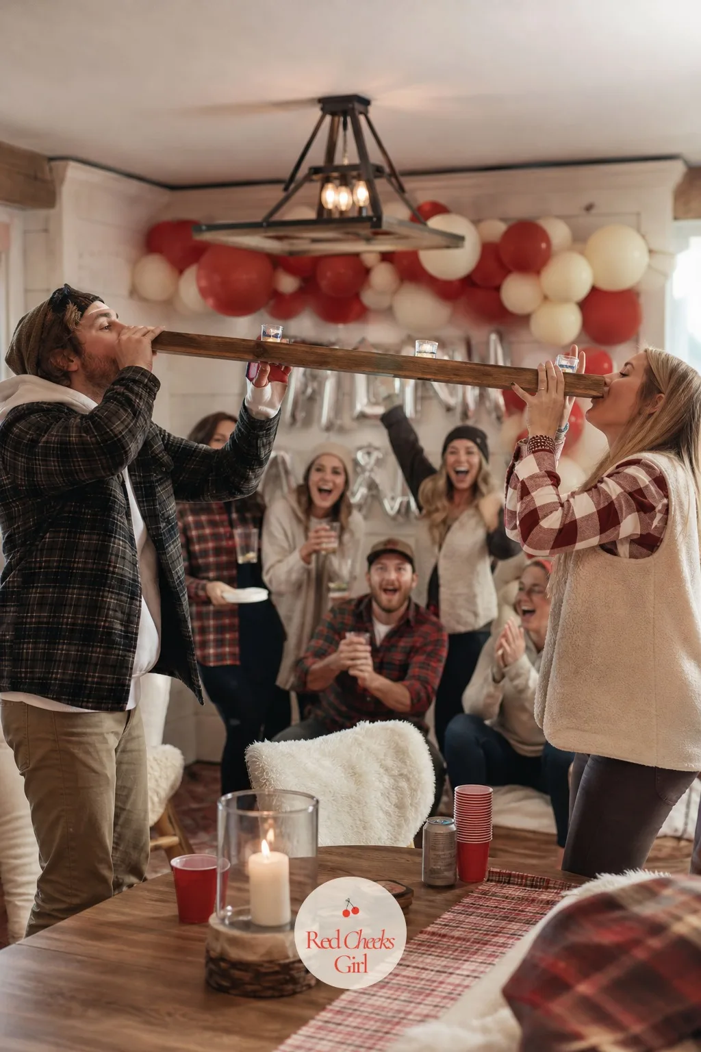 A Shot Ski Relay — This is the one game that gets loud, and it is best saved for later in the night once the room has warmed up. Apres ski party