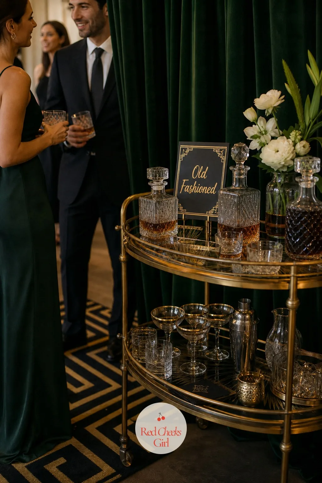 Antique Bar Cart Cocktail Station — Instead of a long rented bar, this theme does better with a single statement piece: a brass or chrome bar cart, loaded with