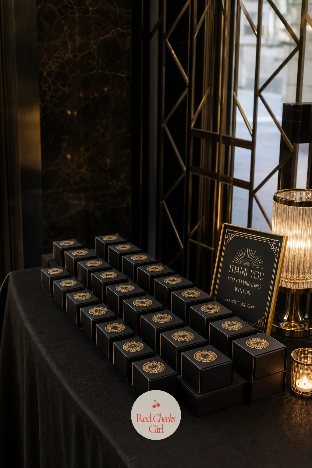 Art Deco Favor Boxes — The last object a guest picks up on the way out should feel like it belongs to the same party they just left, not a generic box from a