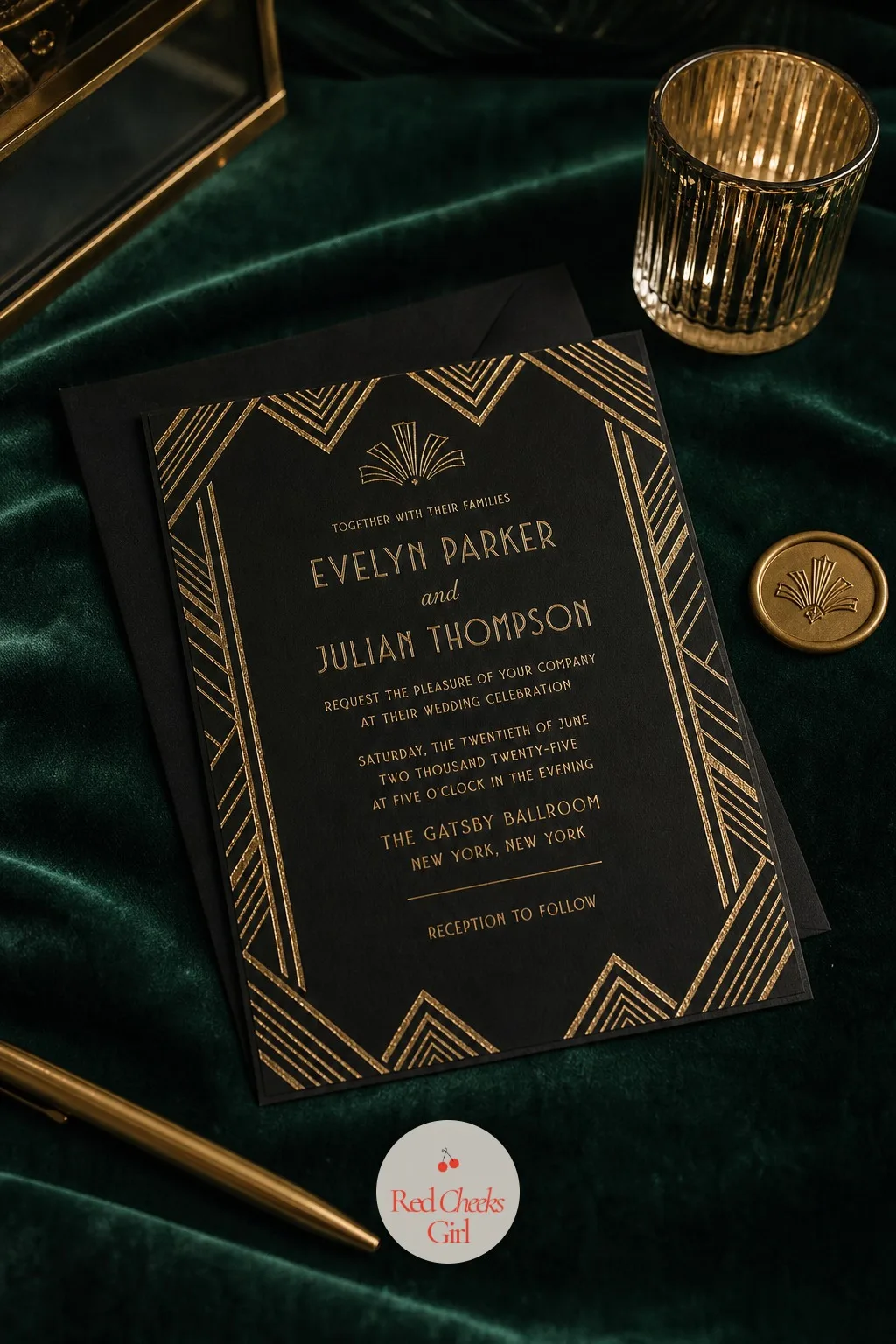 Art Deco Invitation Suite — The first piece of the day anyone sees arrives weeks before the wedding itself, and it sets the tone before a single decoration