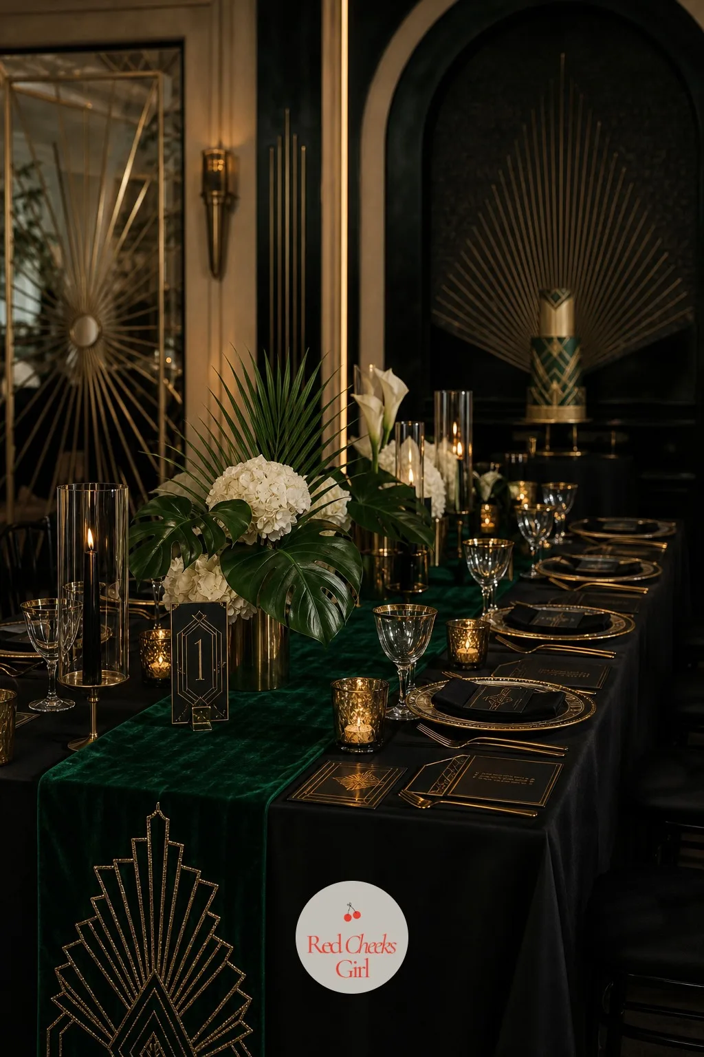 Black, Gold and Emerald Tablescape — Walk into the reception and the tables should read like a single idea, not fifteen separate decisions. Art deco wedding