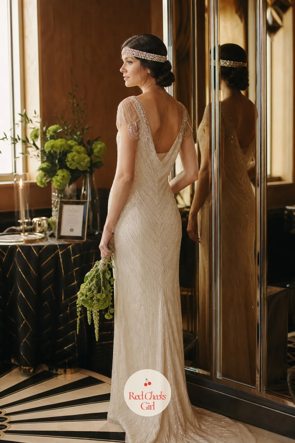 Bride's Beaded Headpiece and Gown — The dress and the headpiece are where the theme gets personal rather than decorative. Art deco wedding