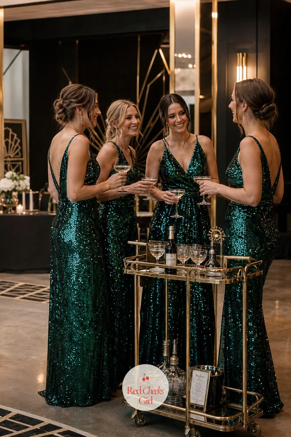 Bridesmaids in Sequins — Against the bride's beading, the bridal party gets its own shine: sequin gowns in emerald or gold, cut long and slim, standing