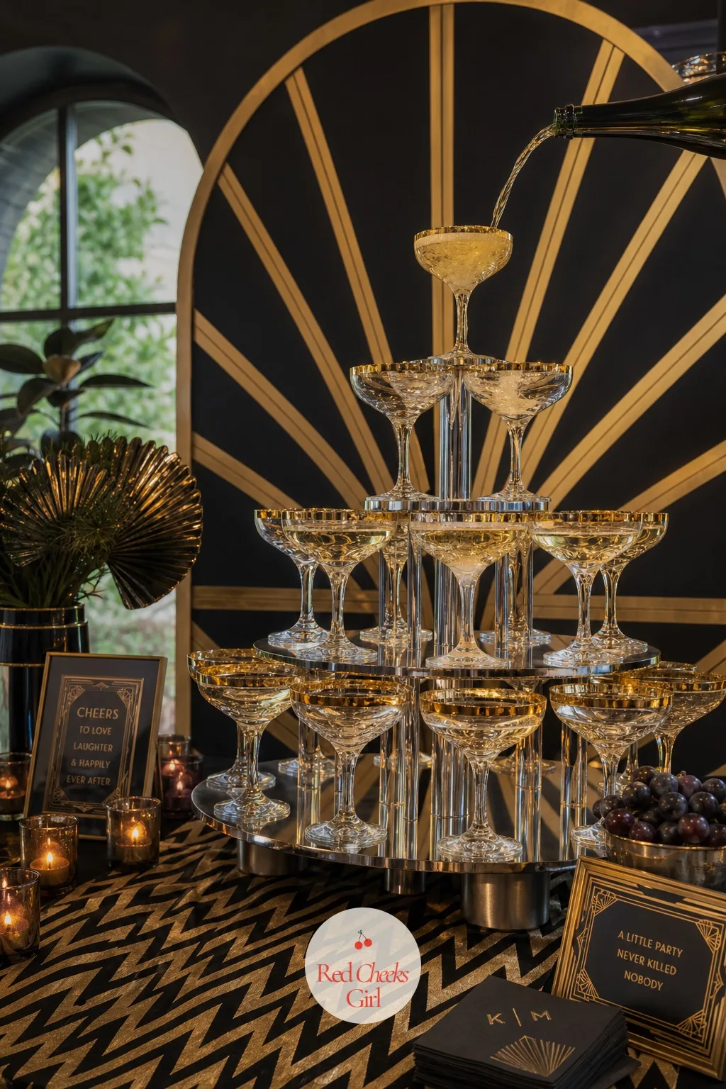 Champagne Tower Centerpiece — Nothing says old Hollywood quite like a wall of coupe glasses waiting to be filled in one long pour. Art deco wedding