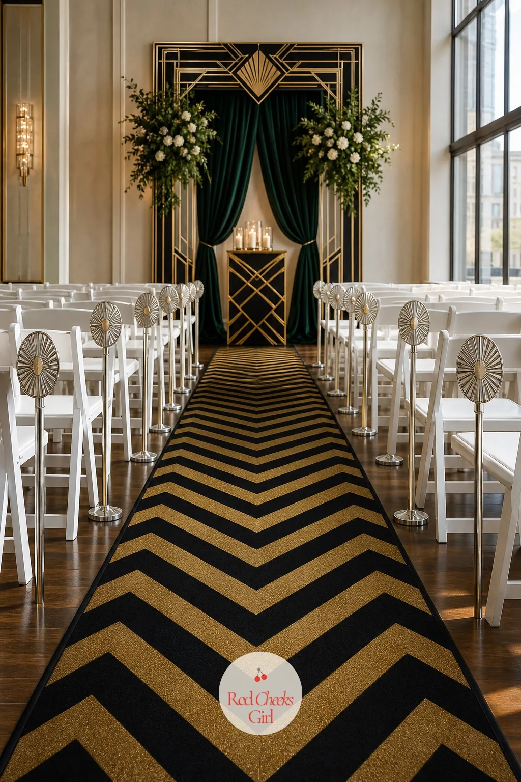 Chevron Aisle Runner — The runner is the first step of the day, literally, and a plain white strip underfoot wastes that. Art deco wedding