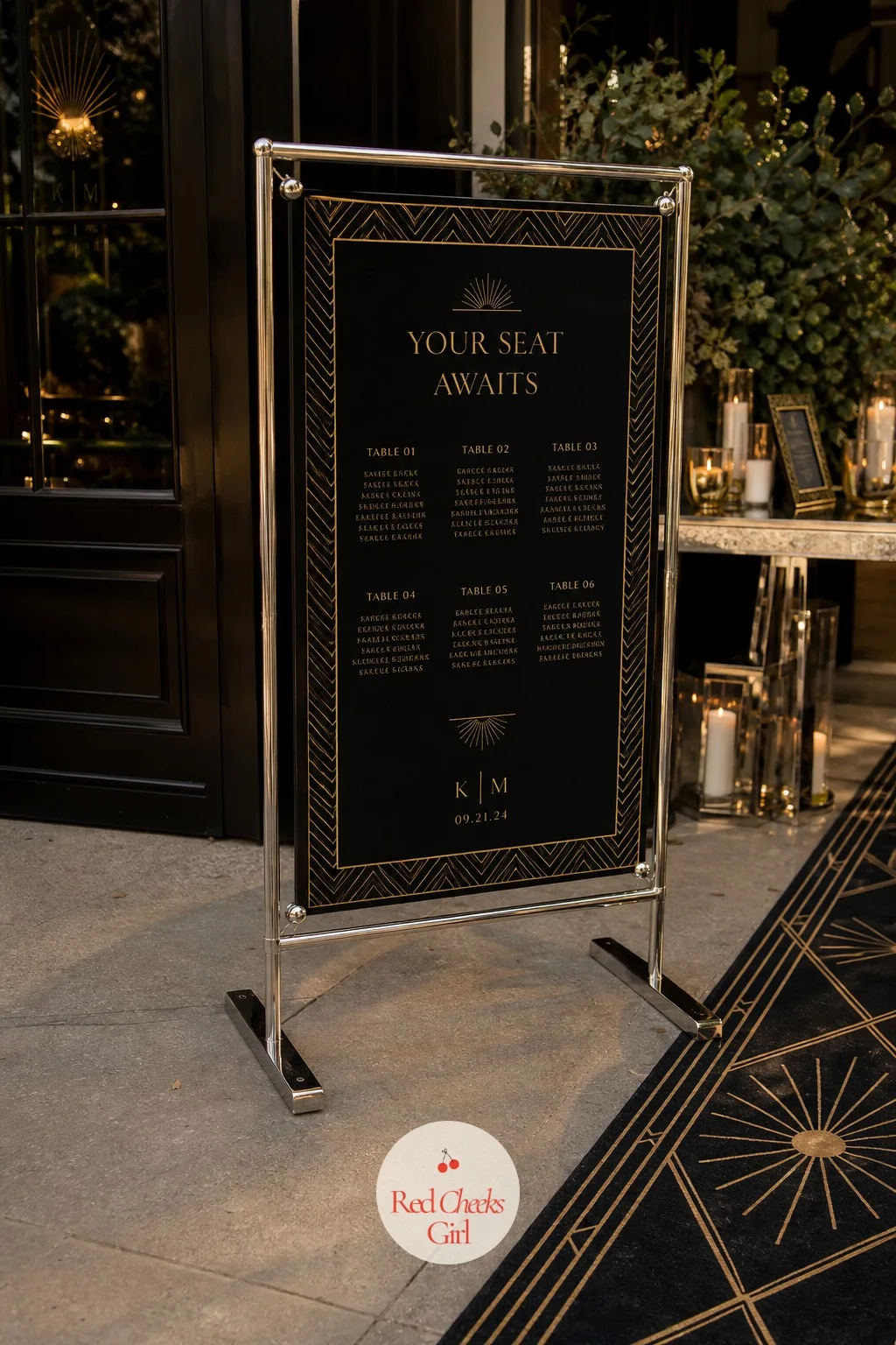 Chrome and Brass Signage Suite — Guests need to find the bar, the seating chart and the restrooms without asking anyone, and a signage suite in the same black