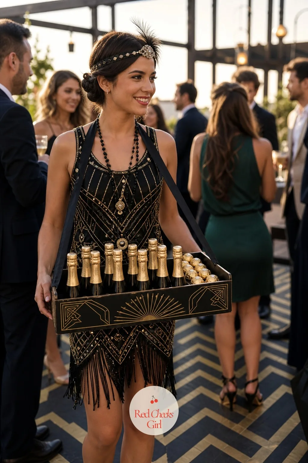 Cigarette-Girl Style Favor Tray — During cocktail hour, guests want something to do while they hold a drink, and a roaming favor tray gives them a small reason