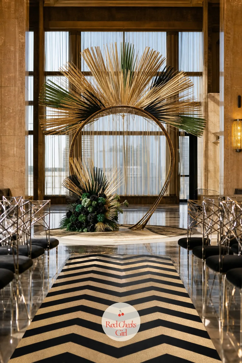 Fan and Sunburst Ceremony Arch — Before anyone finds a seat, this is the shape they walk toward: a frame fanned out at the top like rays of a sunburst, black