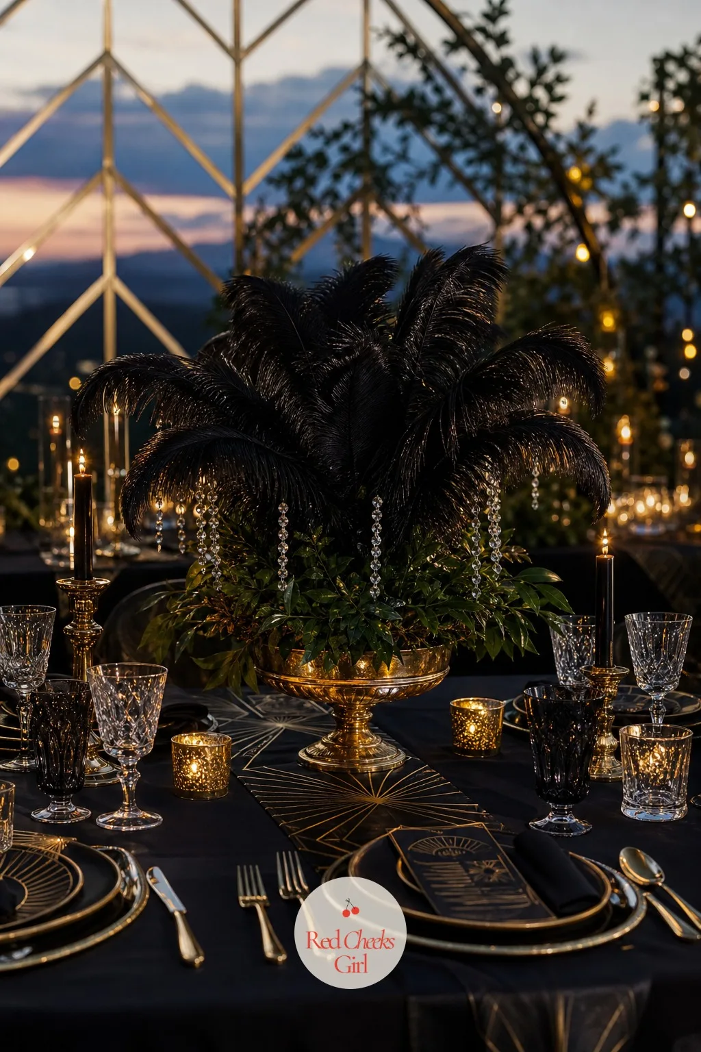 Feather and Crystal Centerpieces — A centerpiece in this theme should have height and a bit of movement, something that catches light every time someone walks