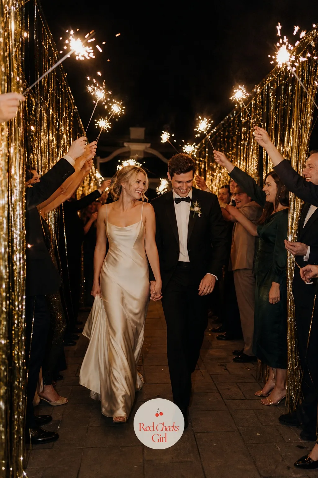 Fringe Sparkler Send-Off — The night needs one last picture, the one taken as the couple actually leaves, and a corridor of gold fringe with sparklers lit down
