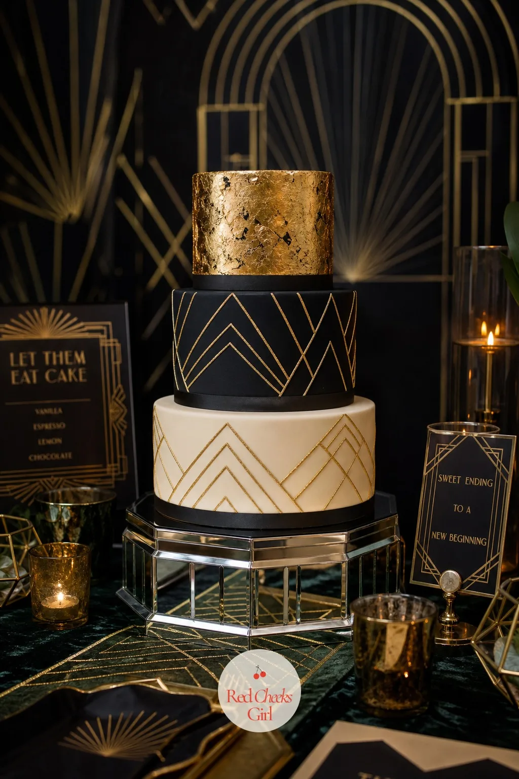 Geometric Gold Wedding Cake — The cake gets its own spotlight late in the night, so it earns a little more pattern than the rest of the table. Art deco wedding