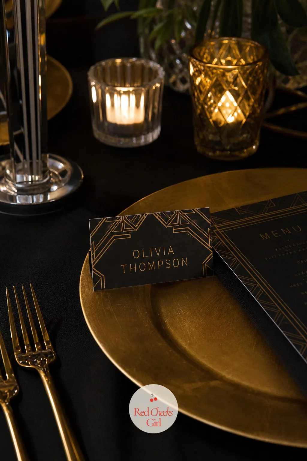 Geometric Menu and Place Cards — At each place setting, a small card does double duty: naming the guest and reminding them, in miniature, of the pattern on the