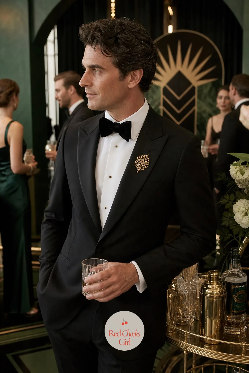 Groom's Look with a Vintage Brooch — The groom's version of the theme is quieter but no less deliberate: a classic black tuxedo or a deep emerald dinner