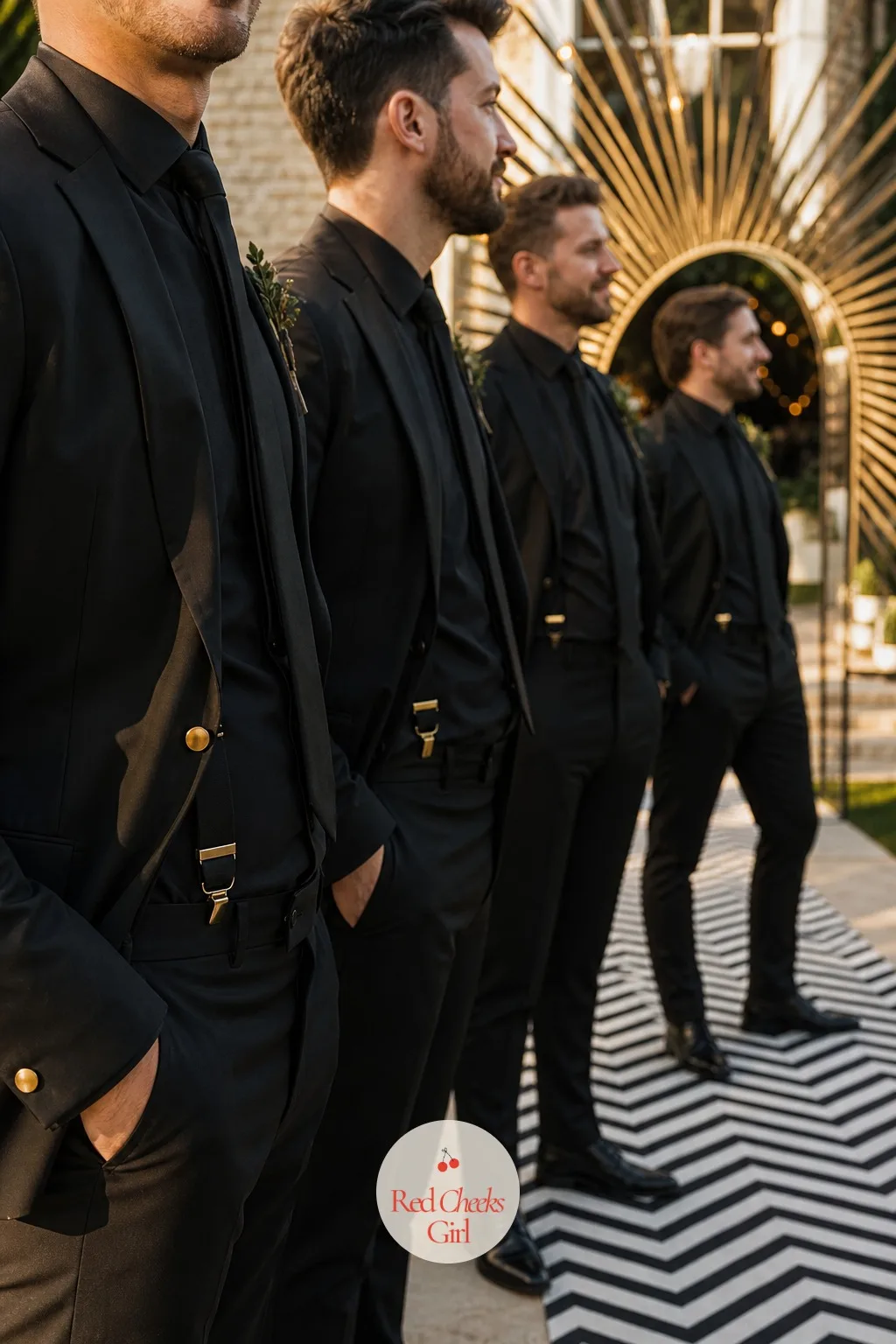 Groomsmen's Brass Cufflinks and Suspenders — Behind the groom, the rest of the men need just enough detail to look dressed for the era rather than dressed for