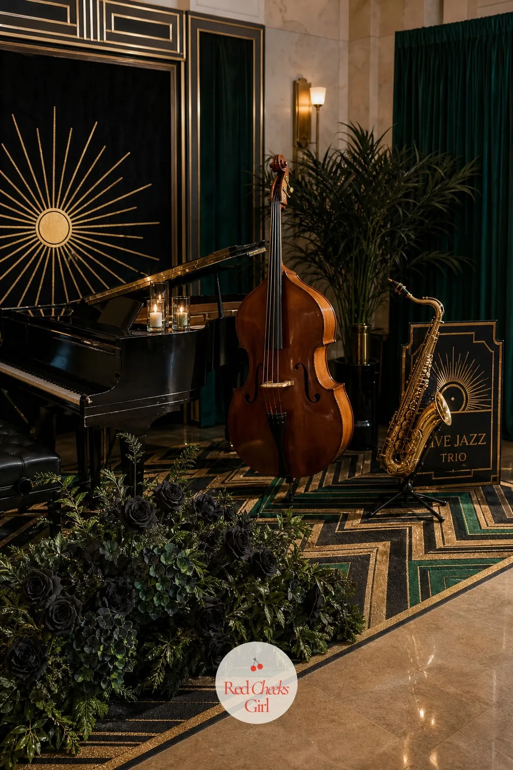 Live Jazz Trio Corner — Nothing sells the era faster than the sound in the room, so cocktail hour gets a small live jazz trio tucked in a corner rather than a