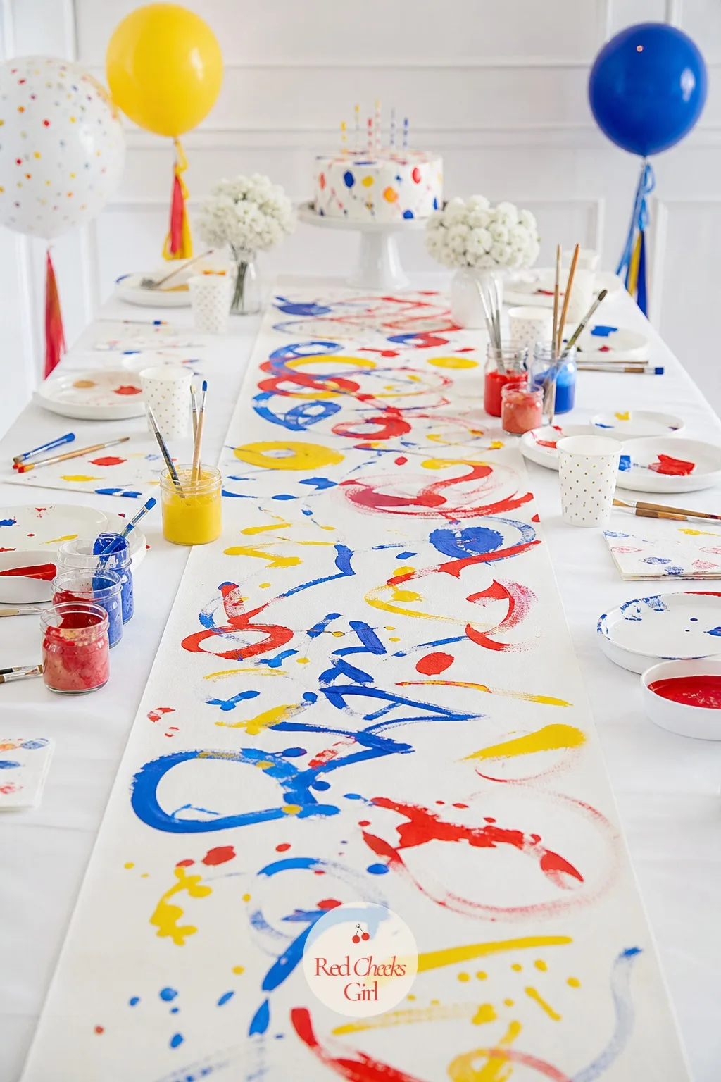 Collaborative Canvas Mural Table — One long strip of canvas or heavy paper runs down the center of the table for the whole party, not just one sitting. Art