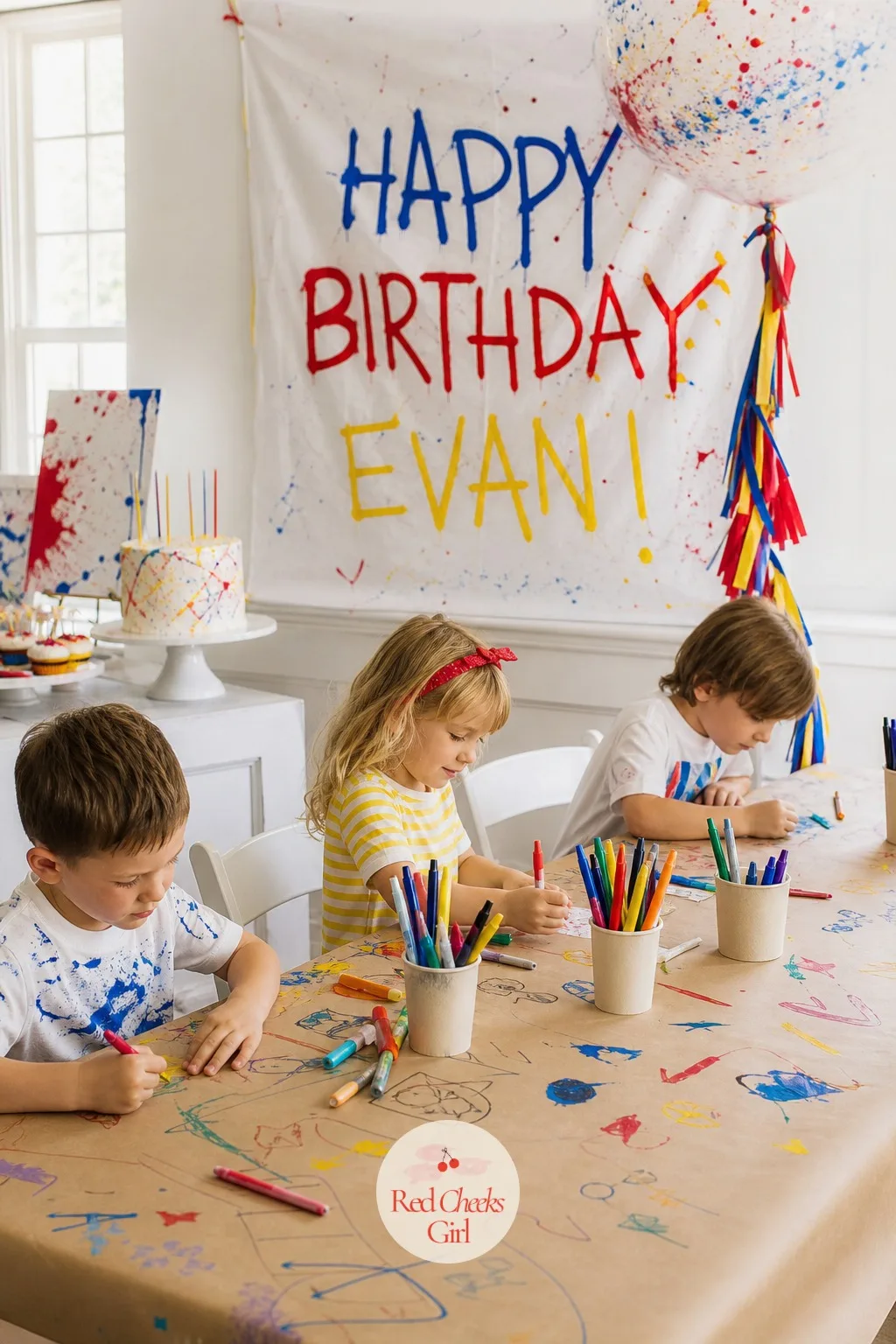 Draw-On-Me Paper Tablecloth — No one has to worry about a tablecloth getting ruined, because getting drawn on is the whole job. Art themed birthday party ideas
