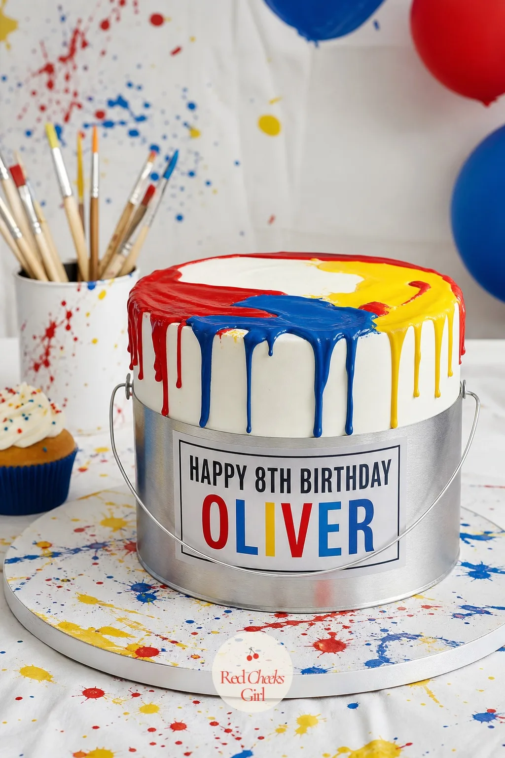Dripping Paint Pail Cake — The cake carries the whole theme and needs no cake decorating course to pull off. Art themed birthday party ideas