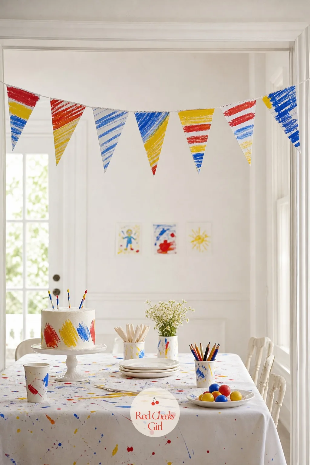 Hand-Colored Rainbow Banner — This is not a banner she buys ready made, and that is the point of it. Art themed birthday party ideas