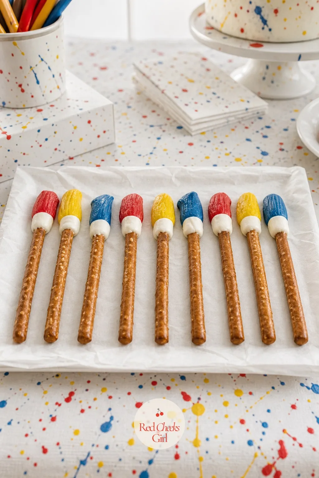 Marshmallow And Breadstick Paintbrushes — Built from the bottom up: a breadstick or pretzel rod for the handle, the top third dipped in melted candy coating