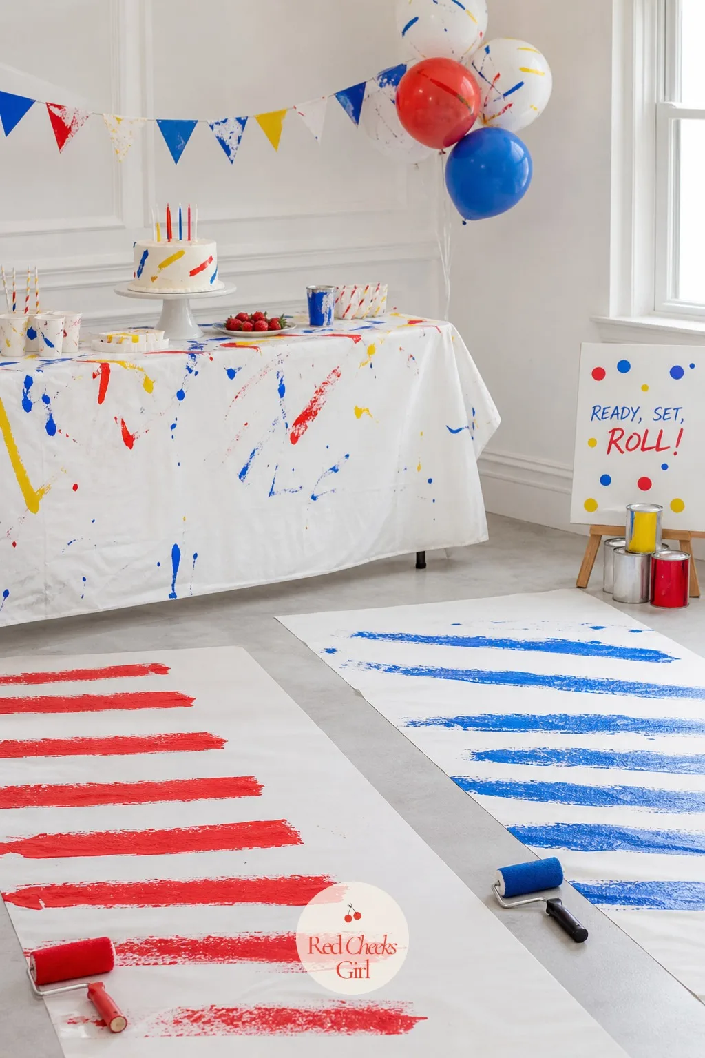Paint Roller Relay — Two long sheets of lining paper lie on the floor or prop against a wall, one per team. Art themed birthday party ideas