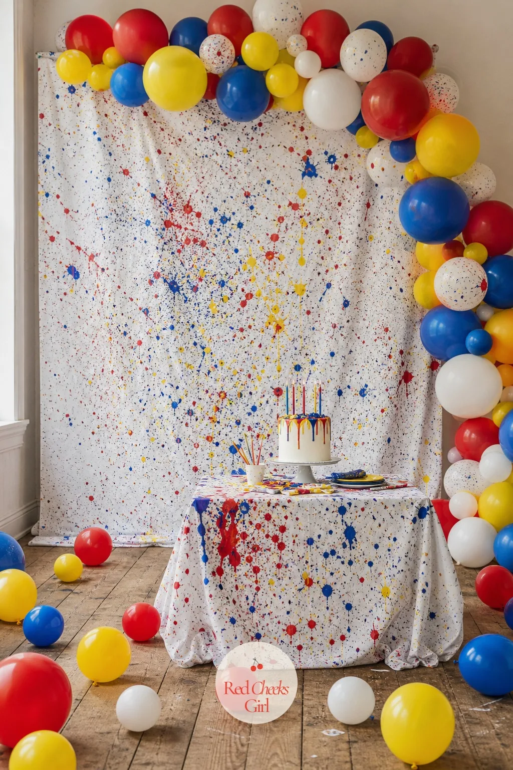 Paint-Splatter Photo Backdrop — She pictures a blank wall and wonders if she really needs to buy a backdrop stand. Art themed birthday party ideas