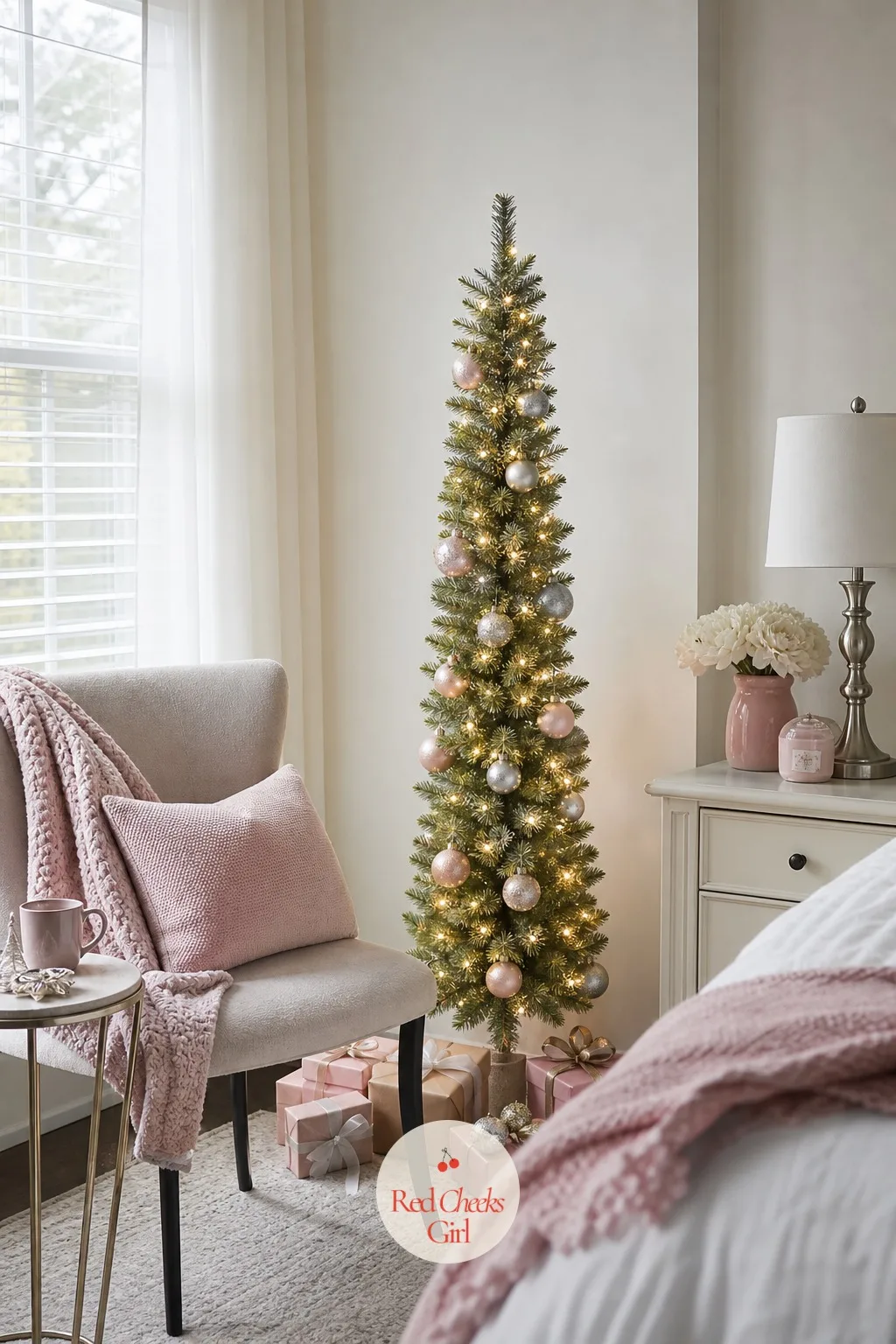 Goflame 4.5ft Pre-Lit Pencil Christmas Tree — A bedroom corner that already holds a desk and a reading chair has no business fitting a tree, until a pencil
