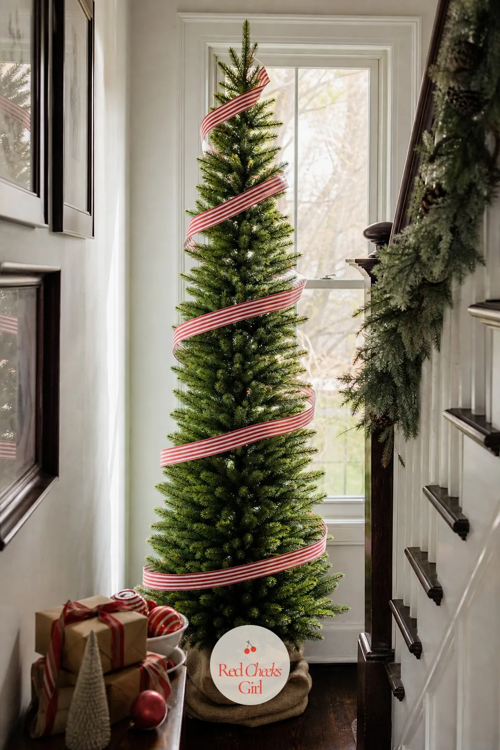 National Tree Company 7.5ft Unlit Kingswood Fir Slim Artificial Christmas Tree — A staircase landing is an odd shape to decorate, tall and narrow with a wall