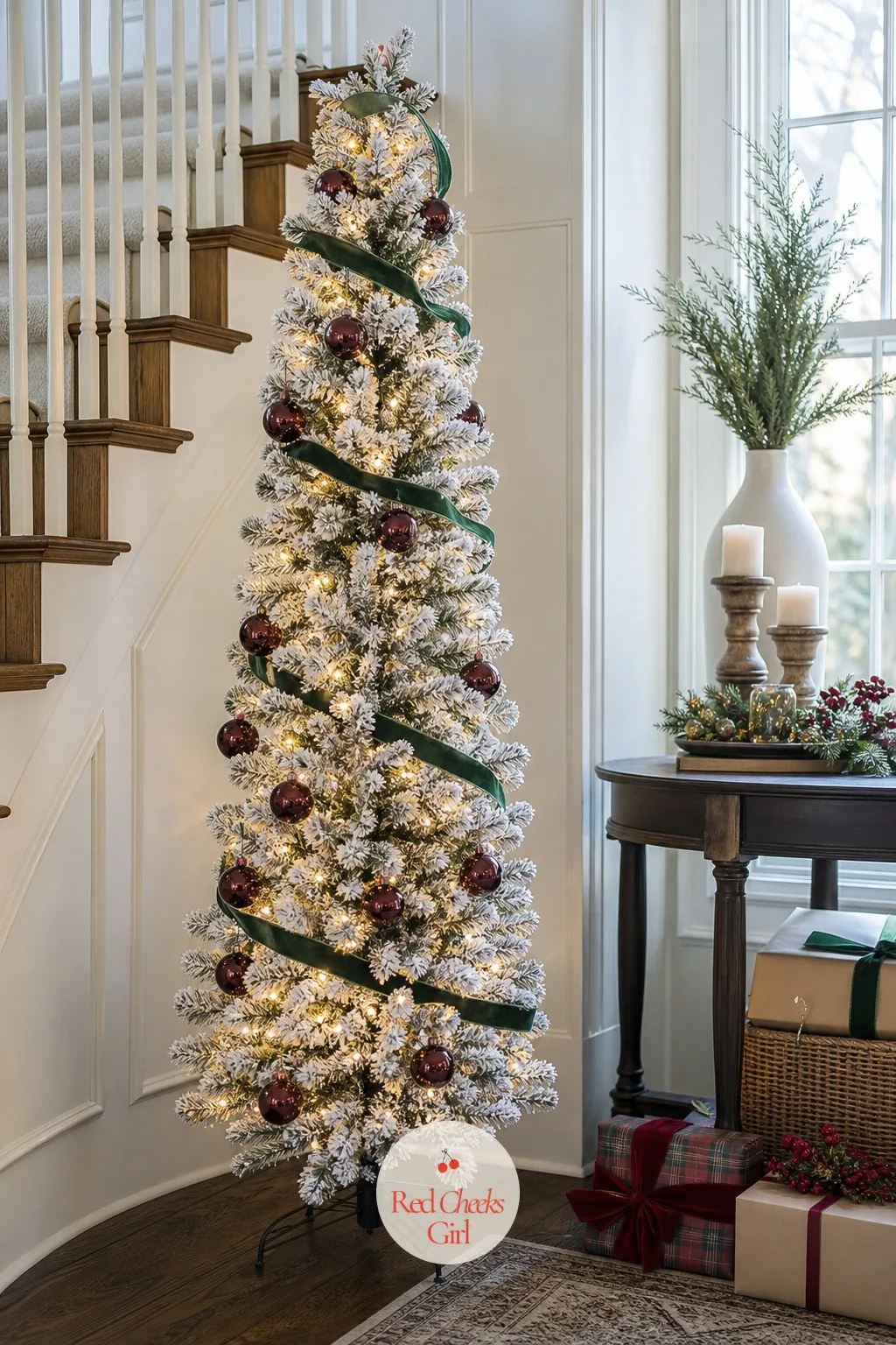 National Tree Company 7.5ft Pre-Lit Flocked Acacia Slim Artificial Christmas Tree — A staircase landing already earned a tree in the pencil section, but a